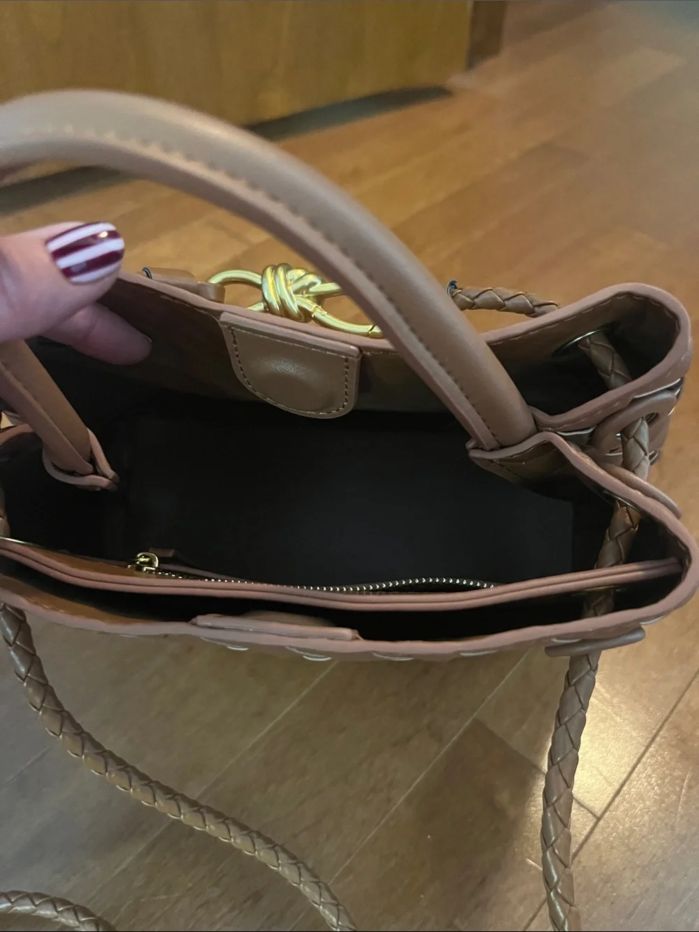 Woven Tote Handbag in Light Brown with Gold Accent